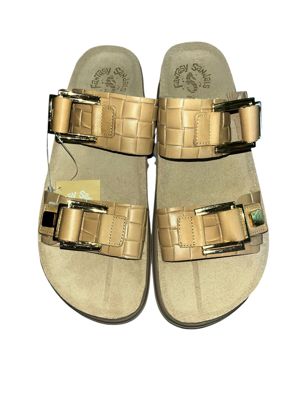 FANTASY SANDALS Made Greece Leather Adelita Two Band Gold Buckle Slide Sandals